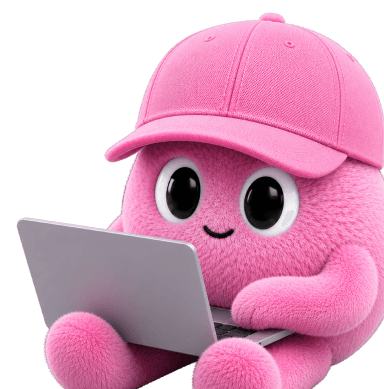 A pink Duet mascot building from a laptop without needing supervision.