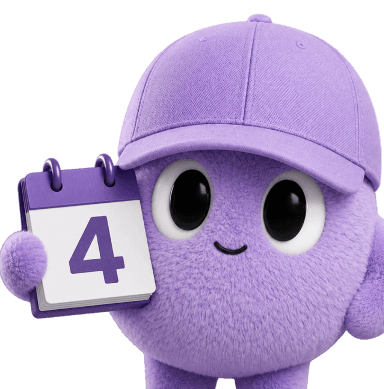 A purple Duet mascot holding a July 4 calendar page.