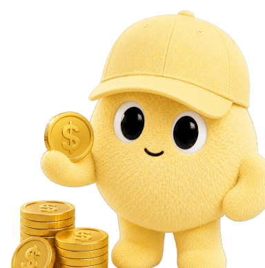 A yellow Duet mascot holding a coin beside prize pool tokens.