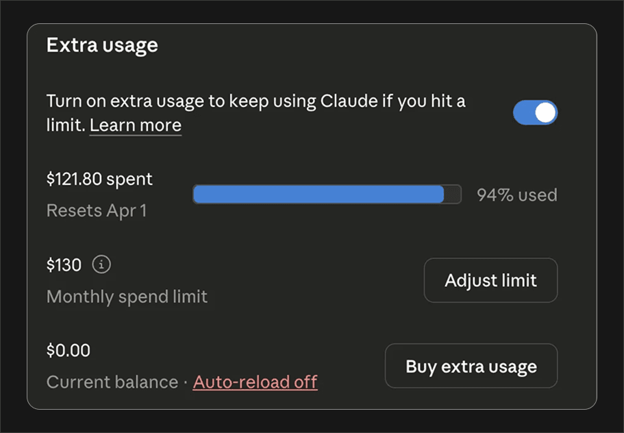 Extra usage toggle in Claude account settings