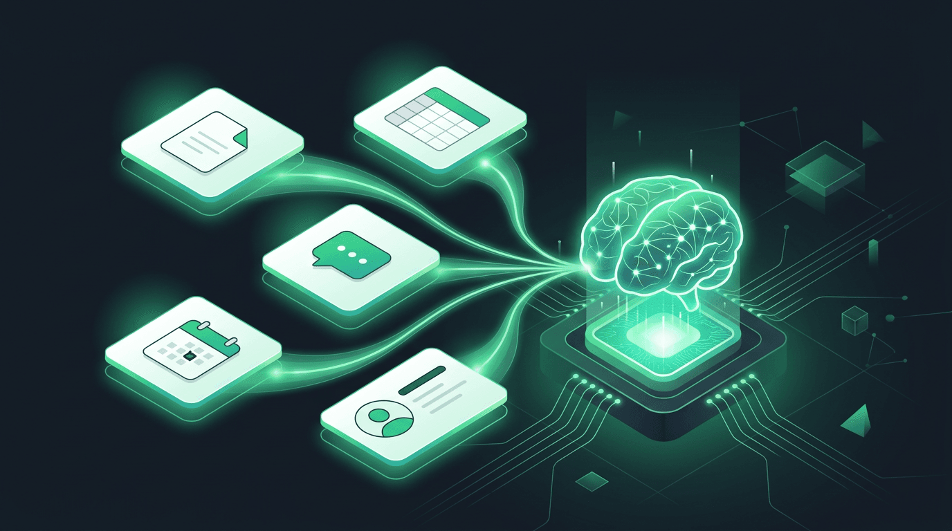 Base de conocimiento e integraciones que fluyen hacia un hub central de AI