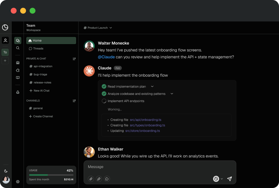 Duet shared workspace running Claude Code for a team